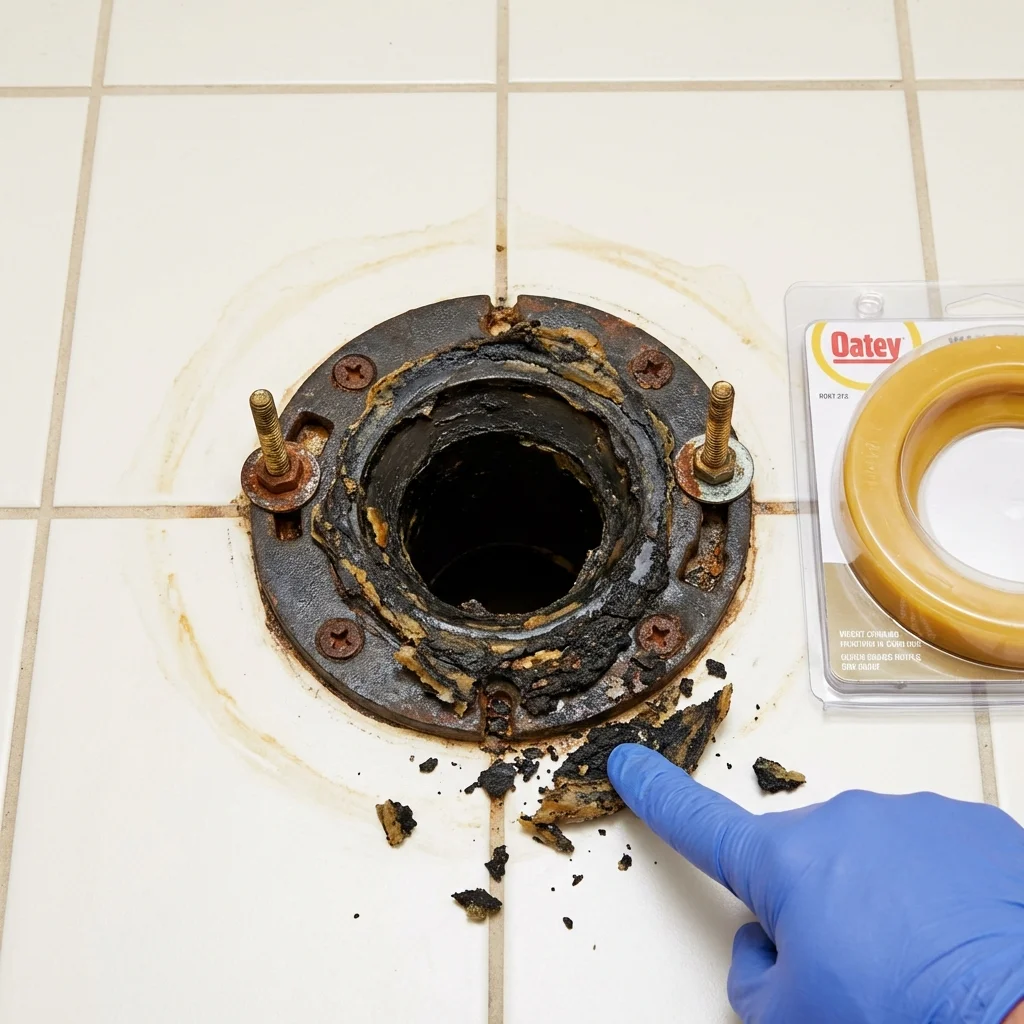 Failed wax ring showing water seepage at the base of a toilet in a Lowell, IN home