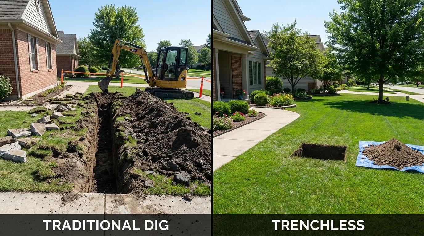 Trenchless sewer repair with minimal yard damage versus traditional excavation in Lowell, IN