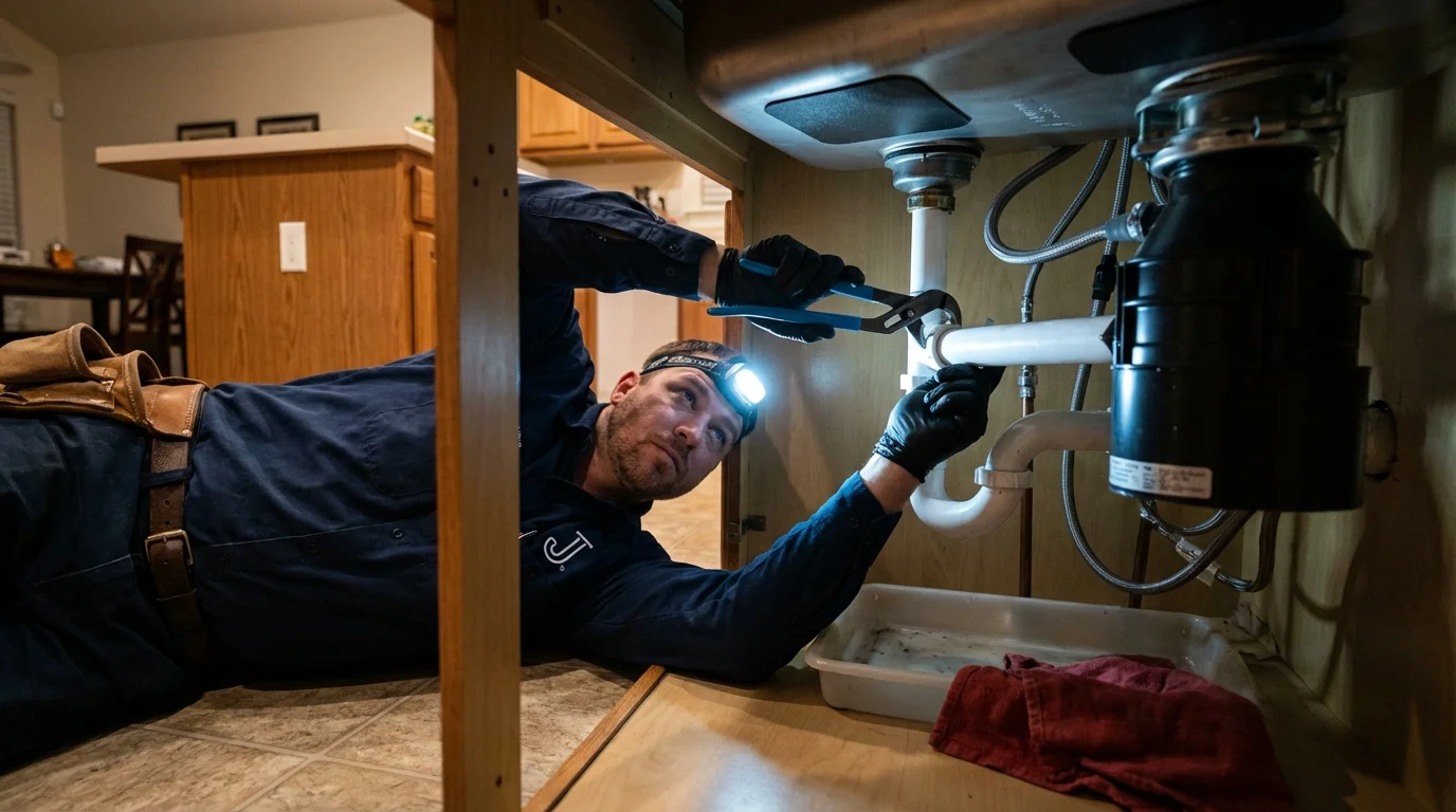P-trap and supply line connections under a kitchen sink showing a common leak point in Lowell, IN